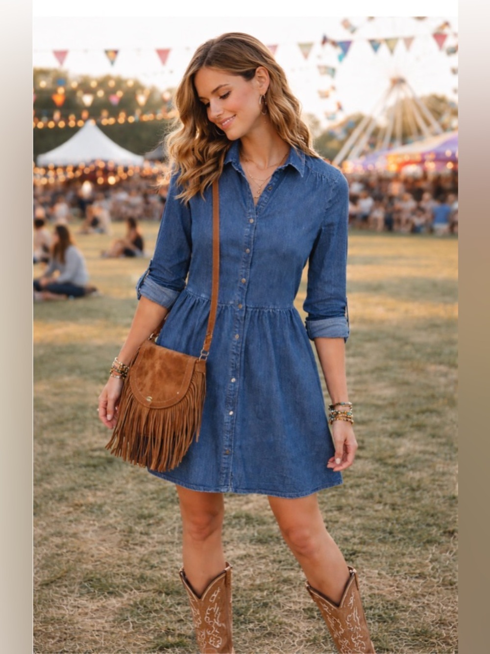 Sézane Leana Denim Shirt Dress Button Front Chambray Tiered Mini Long Sleeve - Picture 2 of 14